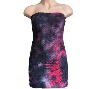 NY INVASION Elastic Strapless BodyCon Mini Dress Large Multi Tie Dye Texture USA